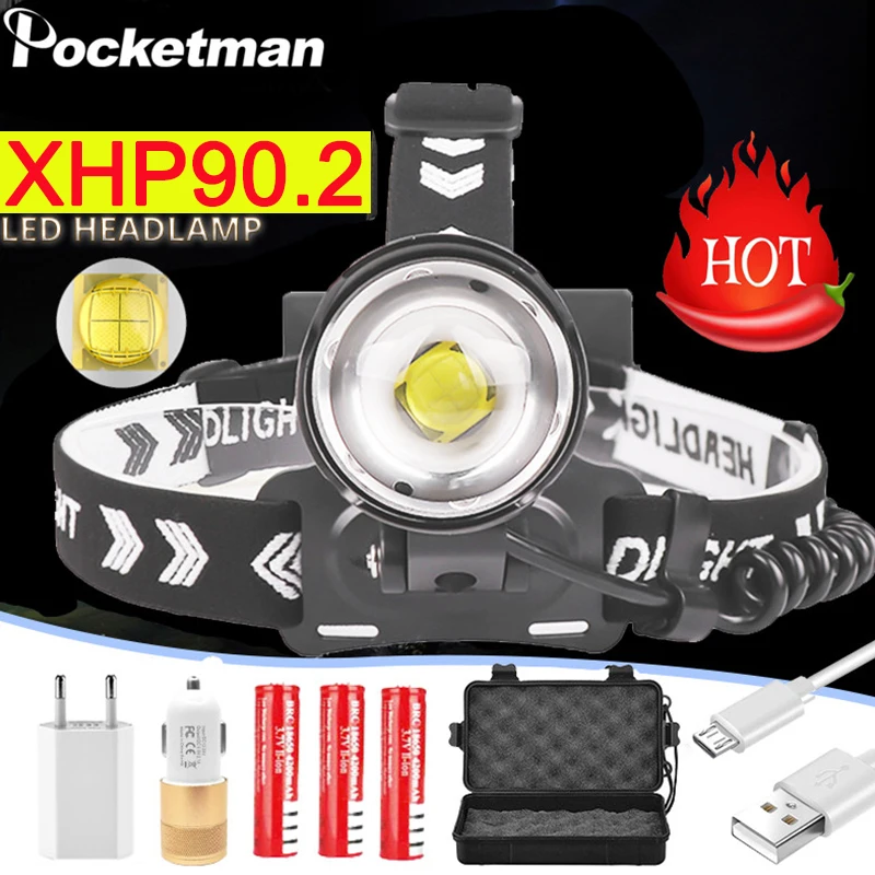 

500000Lumen NEW XHP90.2 Headlamp LED Fishing Headlight Ultra Powerful Head Lamp Zoomable USB Flashlight 18650 Light Camp Lantern