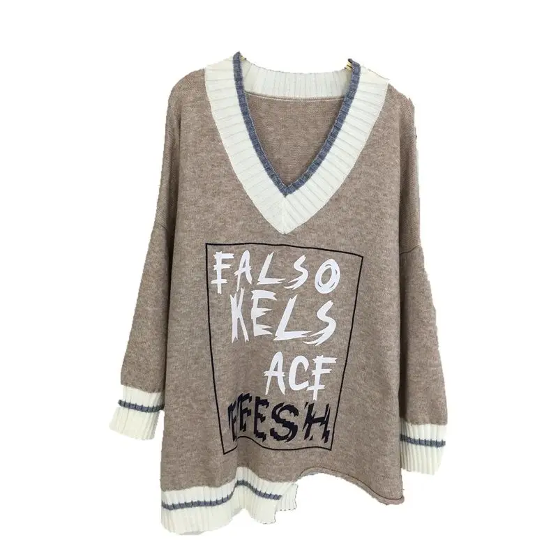 

Fat Sister Autumn and Winter Clothes Plus Size V-neck Pullover Women Loose Korean Style Long-sleeved Sweater Coat Fashion