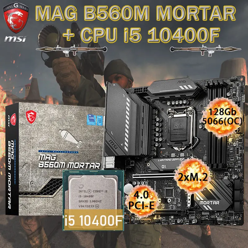 

LGA 1200 MSI MAG B560M MORTAR Motherboard Set + Intel i5 10400F Combo DDR4 128Gb M.2 PCI-E 4.0 Placa-mãe Chia Desktop Intel B560