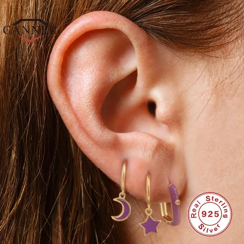 

CANNER 925 Sterling Silver Fine Jewelry Purple Hoop Earrings for Women Round Circle Piercing Huggie Earring Silver Pendientes