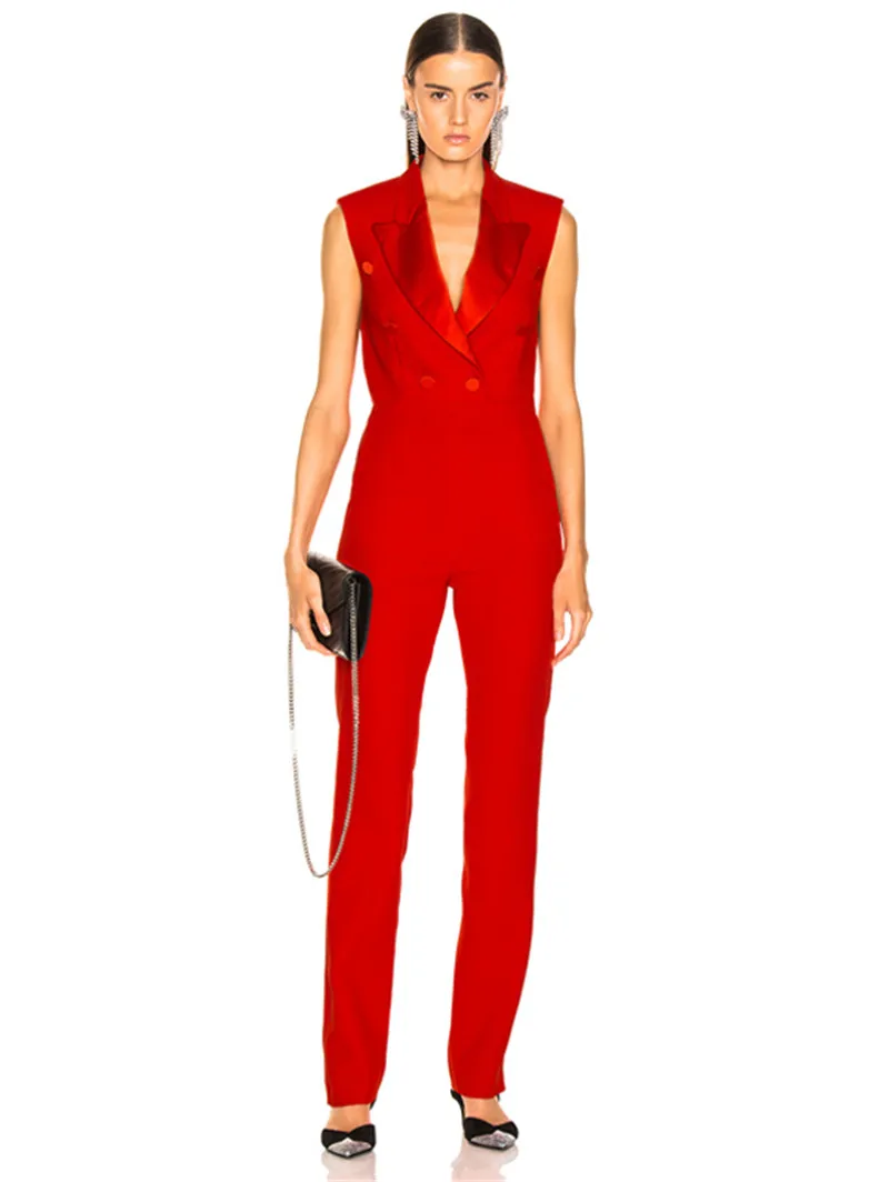 Fashion Women Jumpsuits Rompers Sleeveless V-Neck Red Evening Party Jumpsuit Celebrity