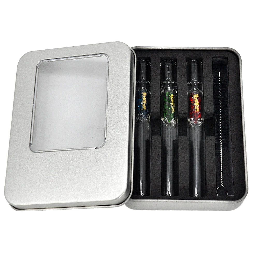 

HONEYPUFF Smoke Kits 3pcs Borosilicate Glass One Hitter Pipe Bat + Metal Tip Storage Case + Small Brush Pocket Size