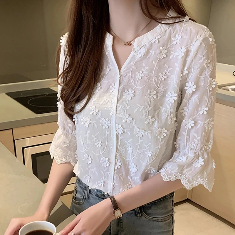 Vetement Femme Lace Blouse womens tops and blouses blusas mujer de moda 2018 Hollow Out Flowers Cotton Korean White Shirt 5XL | Женская
