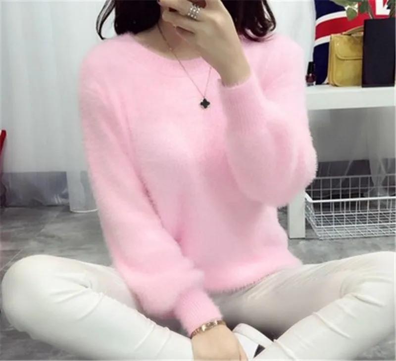 

Winter Warm Pink Sweater Jumper Mohair Fur Pull Femme Pullover Women Sweaters And Pullovers Cashmere Sweater knitted Korean