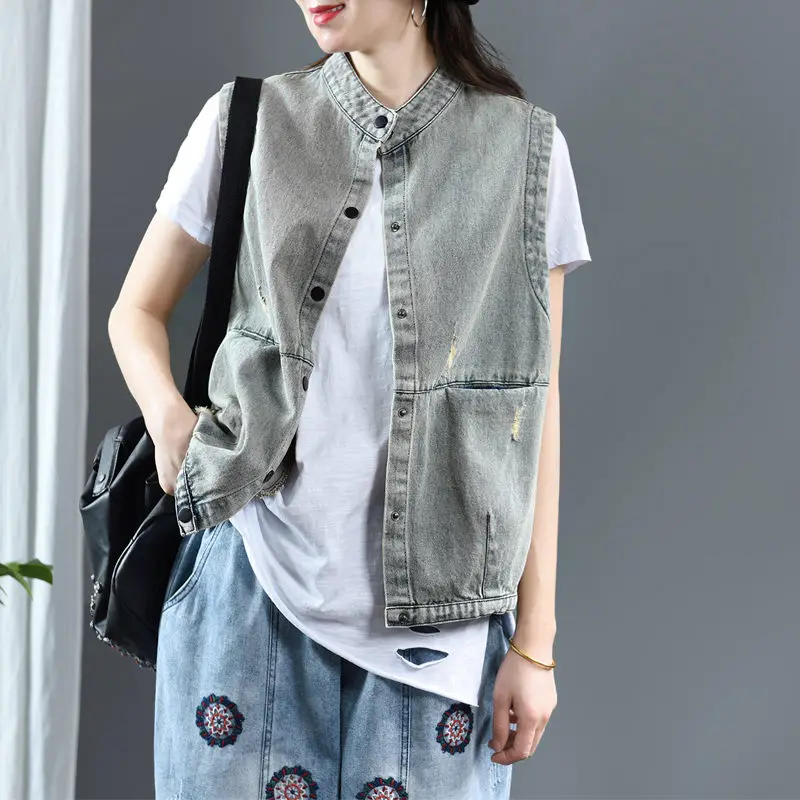 

Loose Old Denim Vest Lady Spring New Casual Wild Waistcoat Vest Sleeveless Vintage Jeans Jaqueta Casual Coat Women Chaqueta K645