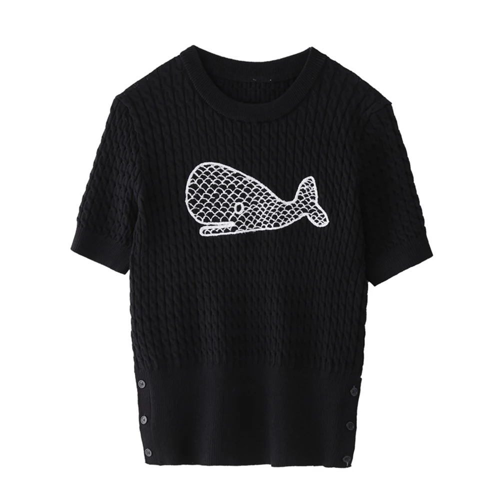 

Summer Embroidery Cartoon Whale Knitted Pullovers Women Fashion Short Sleeve O-Neck Tops Black S-L Slim Sweater Woman