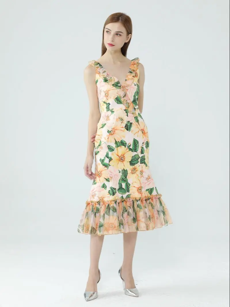 

Yellow flower print High-quality elegant waist slimming dress 2021 summer new style V-neck ruffled fairy dress