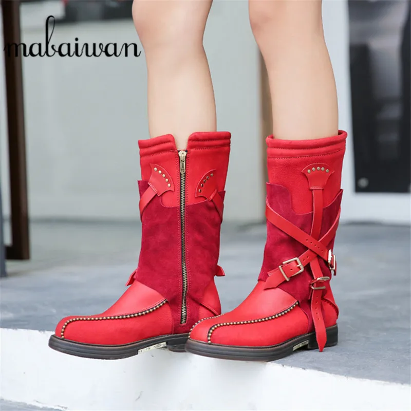 

Mabaiwan 2020 New Genuine Leather Mid Calf Boots Women Retro Knight Buckle Zipper Shoes New Motorcycle Booties Warm Winter Boots