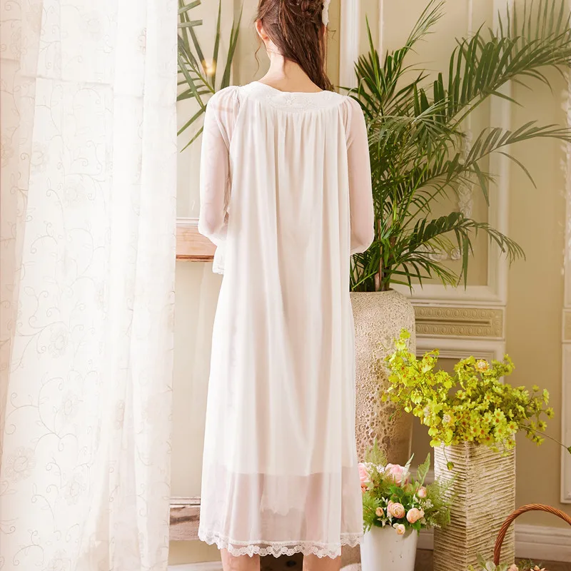 

Sexy Mesh Nightdress Women 2021 Spring Palace Style V-neck Long-Sleeved Nightwear Lace Princess Modal Solid Sleeping Dress