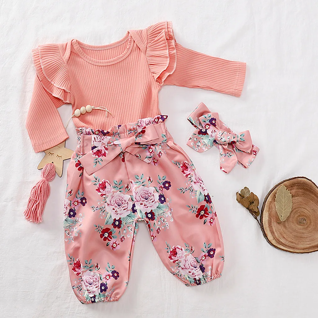 Одежда для маленьких девочек из 3 предметов однотонный комбинезон-ромпер с