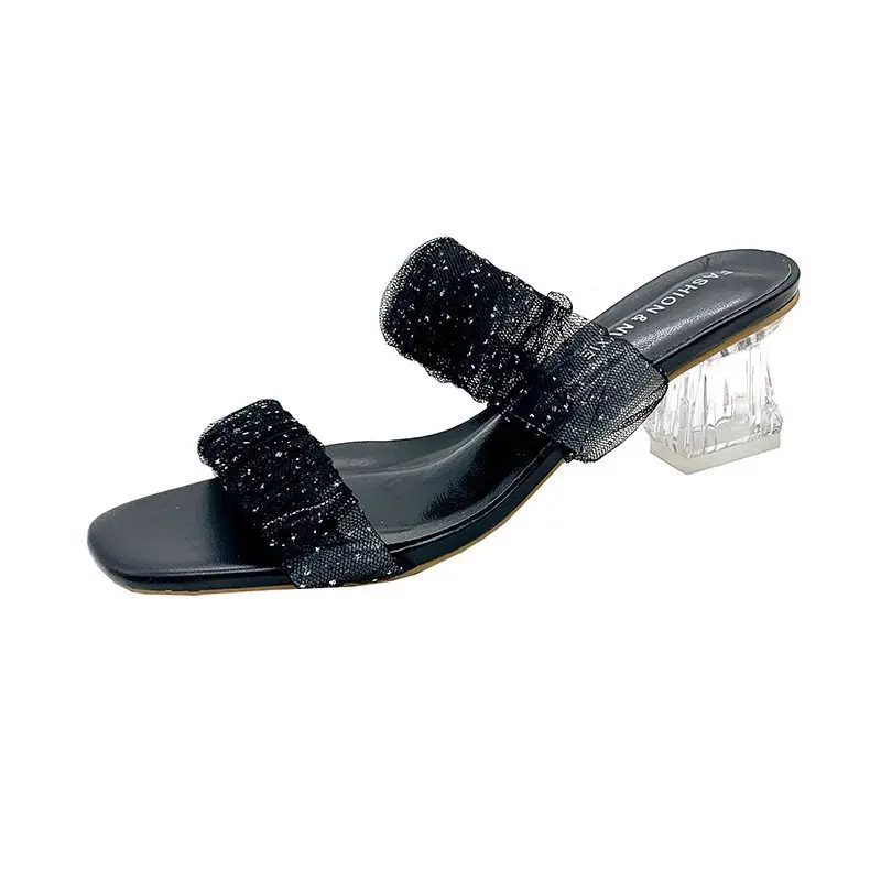 

Shoes Woman 2021 Square heel Glitter Slides Slippers Summer Rubber Flip Flops Heeled Mules Pantofle Fashion Low Block Jelly Hawa