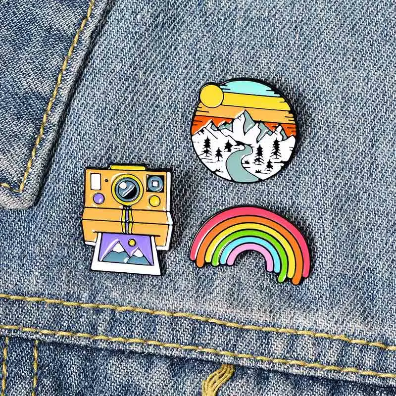 rainbow camera snow mountain brooch bag clothes backpack lapel enamel pin badges jewelry gift for friend women accessories free global shipping