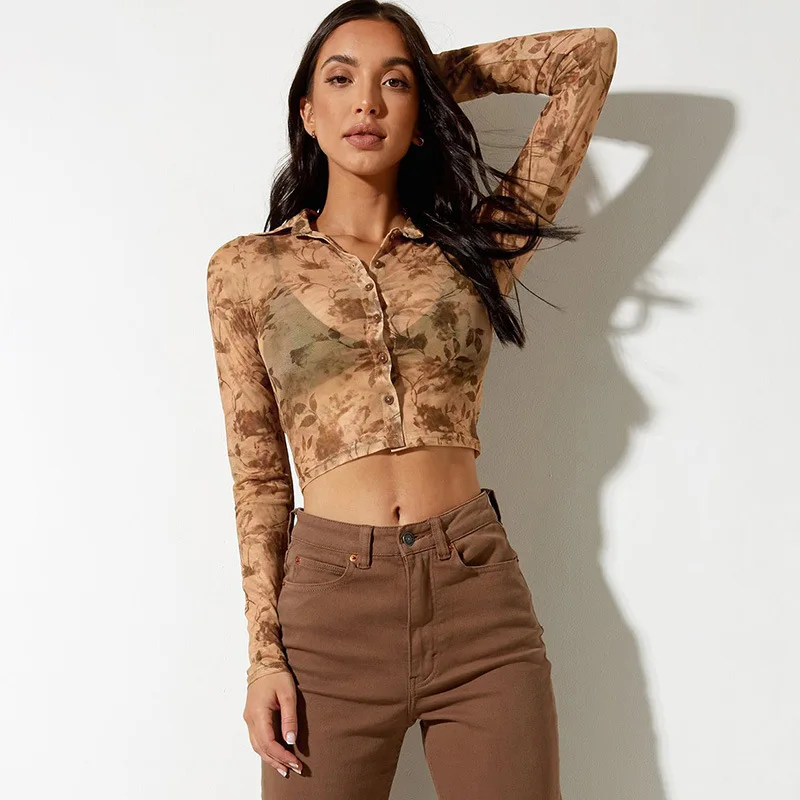 

2021 Autumn Women New Casual Polo-neck Long Sleeve Printed Shirts Sexy Single-breasted Slim Short Tops