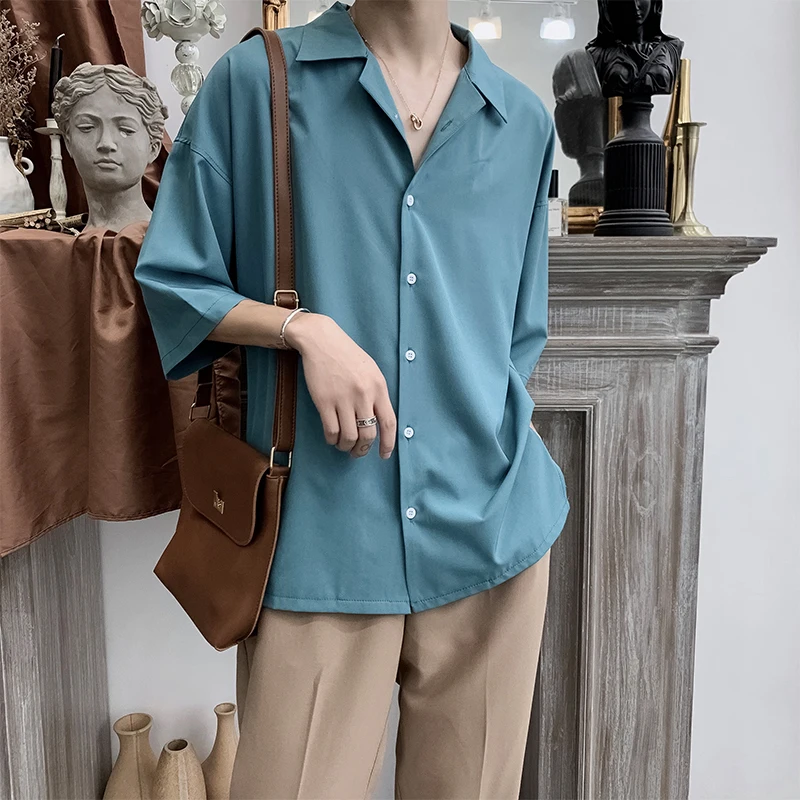 Мужская гавайская рубашка 4 цвета с рукавами из семи частей воротником-стойкой и