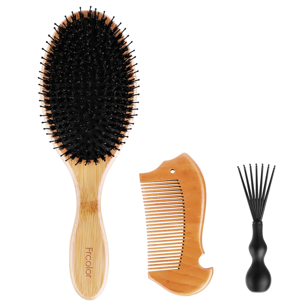 

Frcolor Boar Hair Brush Set Natural Wooden Bamboo Handle Anti-static Comb for Styling Straightening Detangling