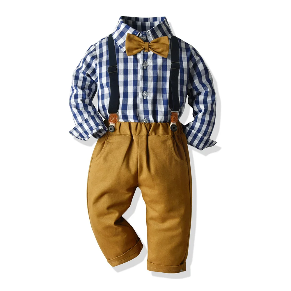 

Clothes for 1-6 Years Boys Clothing Blue and White Plaid Shirt + Pants + Belt 4 PCS Children Outfit 2021 Spring New Arrive Boy