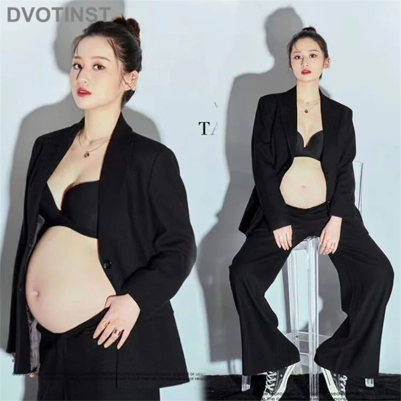 Enlarge Dvotinst Women Photography Props Cool Black Suits Maternity Full Sleeves 2pcs Casual Pregnancy Pregant Studio Shooting Clothes
