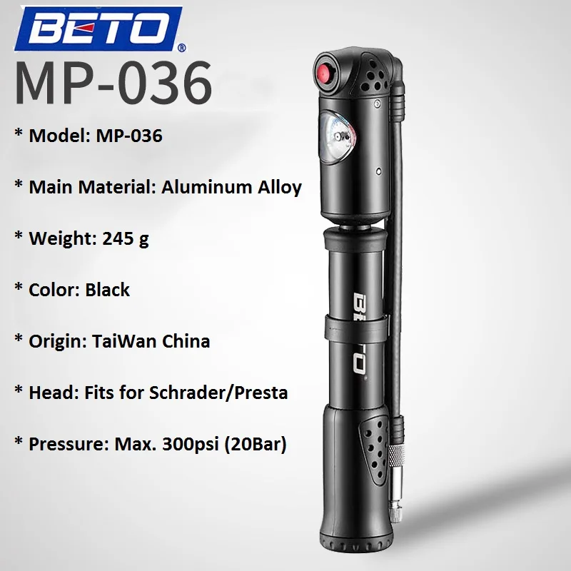 BETO MP 036 300psi MTB Портативный вилка воздушный насос для велосипеда Presta Schrader (Шрадер)