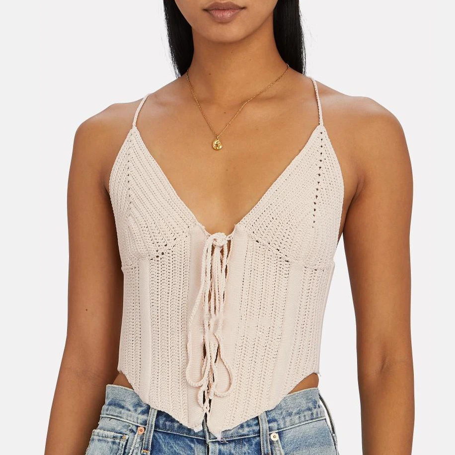 2021NEW spring and summer holiday style hand-woven bottoming vest, fish bone waist waist V-neck lace-up sling ladies top