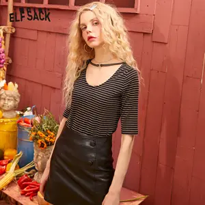 Женская Повседневная футболка в зеленую полоску с перекрестными ремешками ELFSACK, бордовая Базовая топы на каждый день с коротким рукавом для весны, 2020