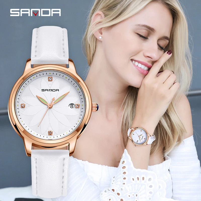 

2019 SANDA Flower Dial Leather Watch Women Waterproof Quartz Ladies Watch Fashion Women Watches relogio feminino Montre Femme