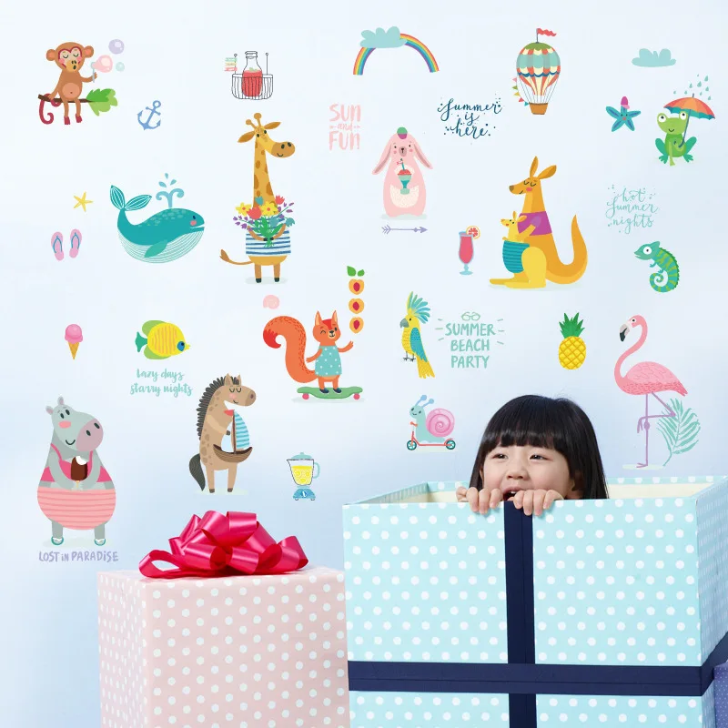 Летние пляжные Мультяшные животные воздушные шары обезьяны настенные наклейки