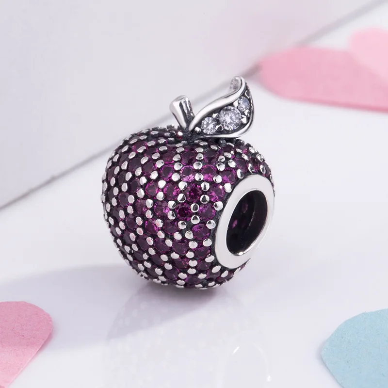 

Genuine 925 Sterling Silver Bead Charm Cute Pave Apple With Full Crystal Beads Fit Women pan Bracelet & Necklace Diy Jewelr