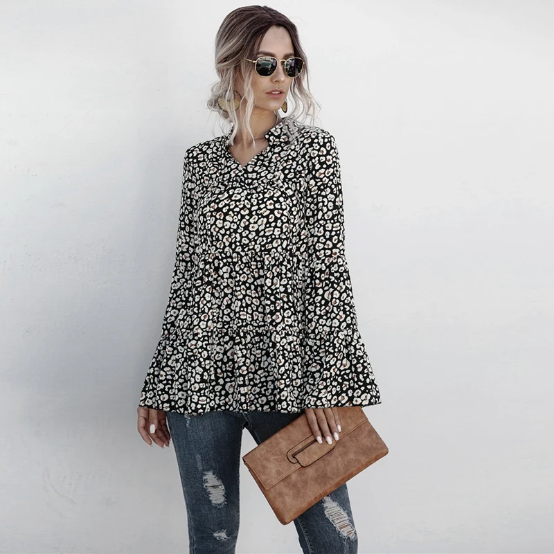 

Women Leopard Print Ruffle Tops Shirts Casual Ladies Tunic Vintage Shirt