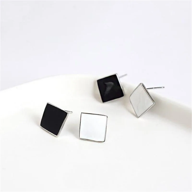 POFUNUO 925 Sterling Silver Geometric Rhombus Girls Stud Earrings Minimalist Women Chic White Black Square Ear Fine Jewelry | Украшения и