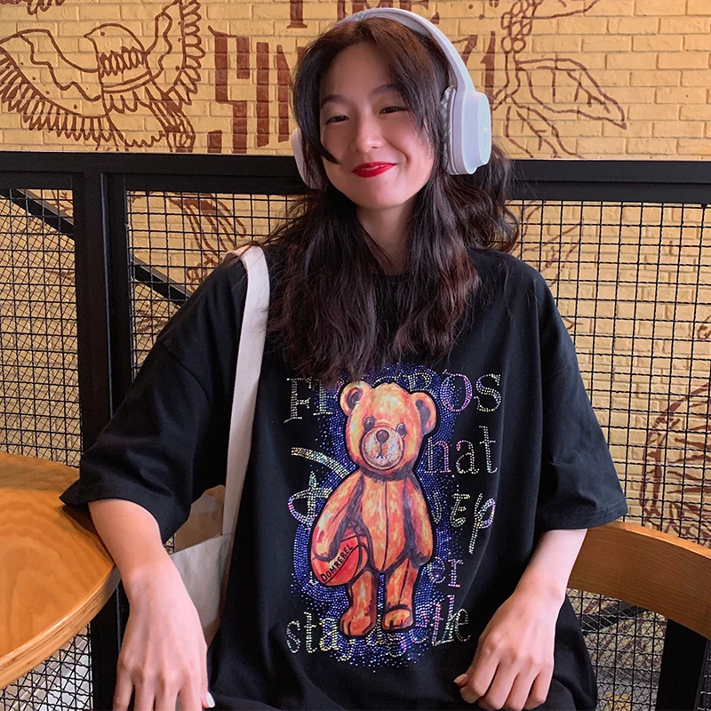 

Bear Printed Short Sleeve T-shirt Women's Summer Korean Style Loose Student All-Matching Western Style Half Sleeve Hong Kong