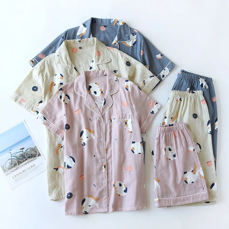 

Couple pajamas short sleeve shorts Lapel pajamas suit woven cotton double layer gauze cotton thin summer home clothes