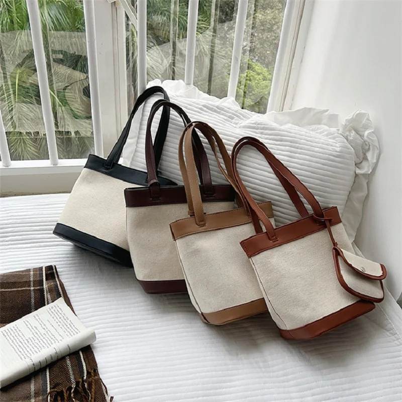 

Bag women hand-carrying ladies shoulder bag fashion stitching canvas bag simple bucket bag женские. сумки сумка женская