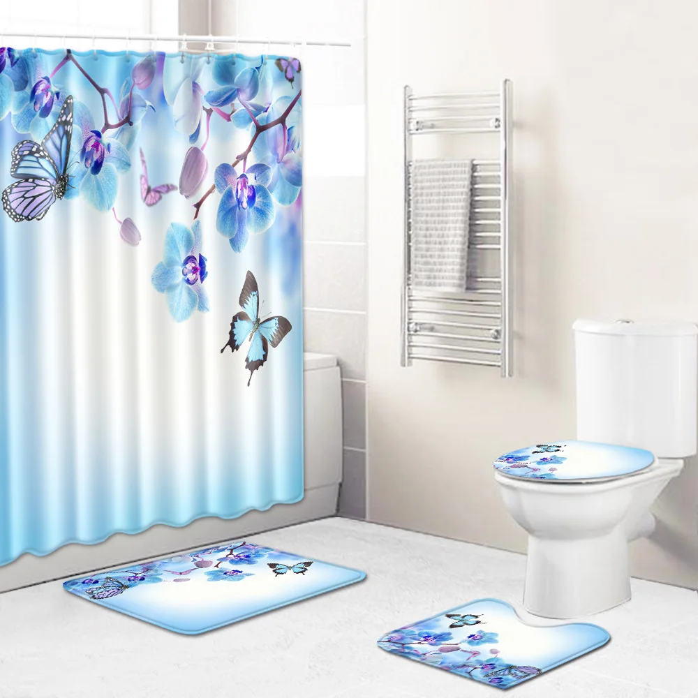 

Machine washable butterfly shower curtain floor mat set toilet anti slip mat butterfly series four piece set