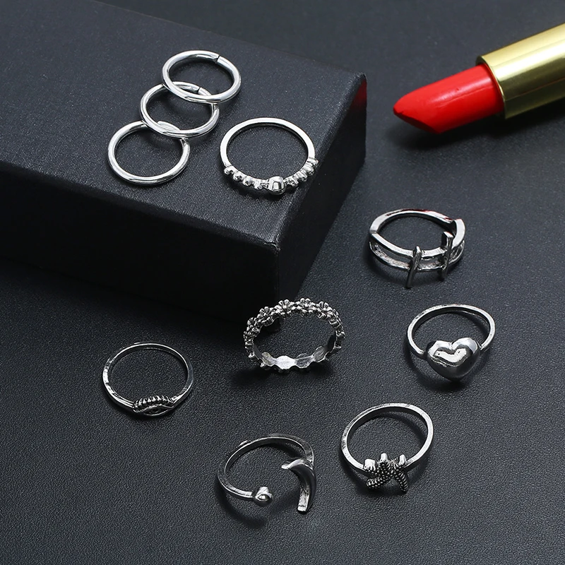 10 шт./партия для женщин набор колец в богемном стиле ретро луна звезды глаз цветок