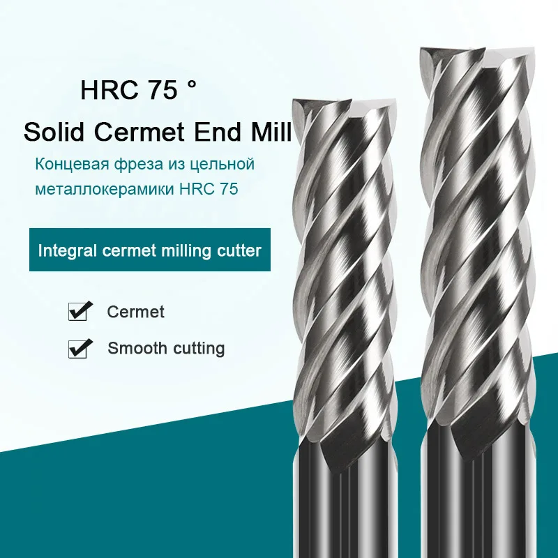 HRC 75 Solid Cermet End Mill for Stainless Steel Iron High-hardness Durable End Mills Metal Cutter 2/4 Flute CNC Milling Cutter