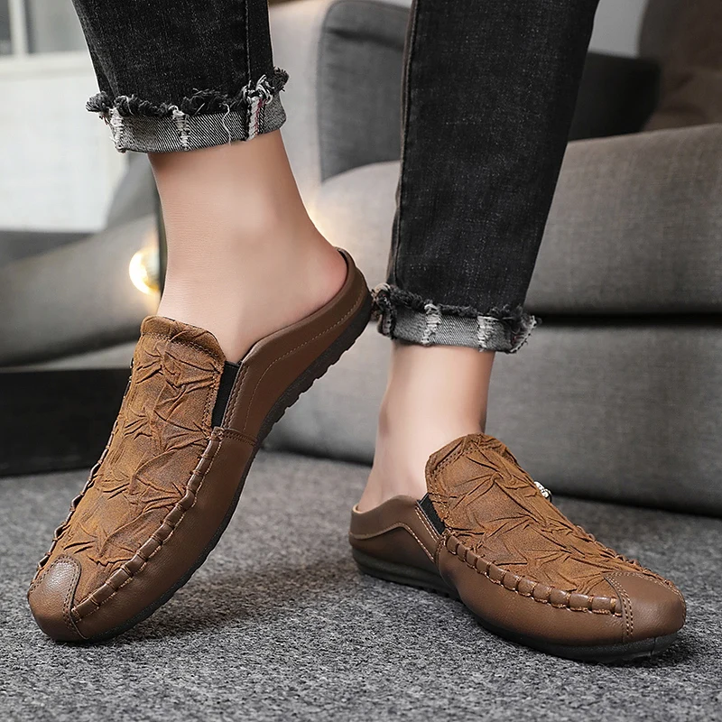 

Susugrace Summer Daily Men Loafers Casual Breathable Flats Male Loafers 2021 Hot Sale Fashion Leather Men Mules Black Brown