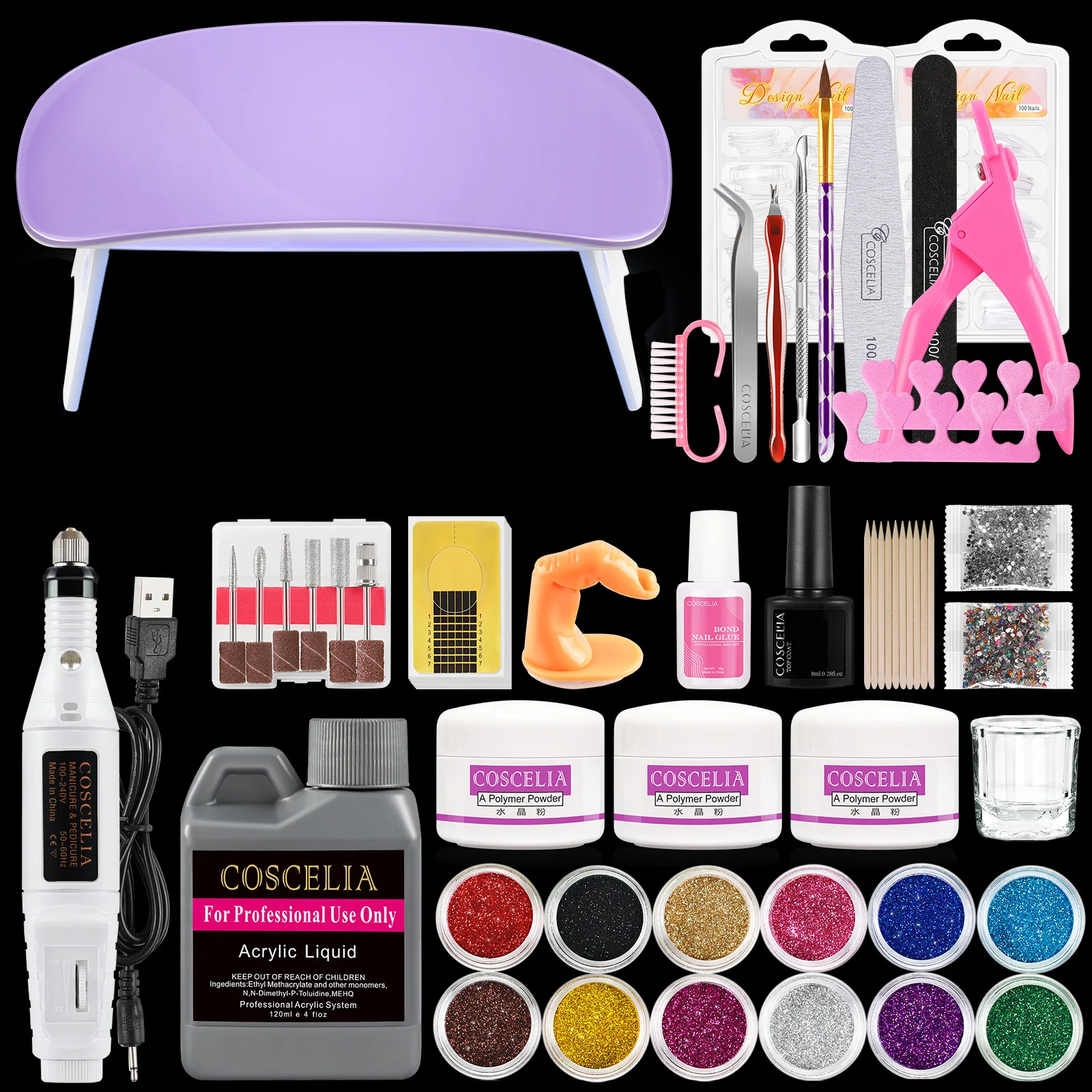 

Набор акриловых ногтей COSCELIA с лампой для ногтей, сверлильный аппарат, все для маникюра, набор для акриловой пудры, жидкие инструменты для но...