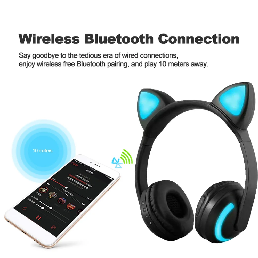 Беспроводные Bluetooth наушники светящиеся с кошачьими ушками стерео Музыкальная