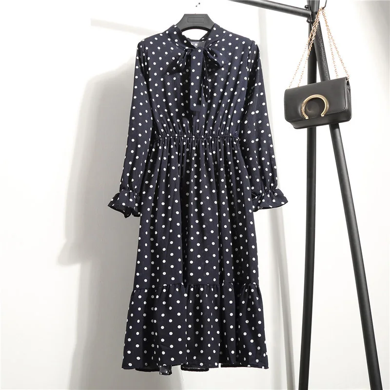 Корейская черная рубашка Vestidos для офиса в горошек, винтажные осенние платья, Женское зимнее платье, миди платье с цветочным рисунком и длинным рукавом для женщин