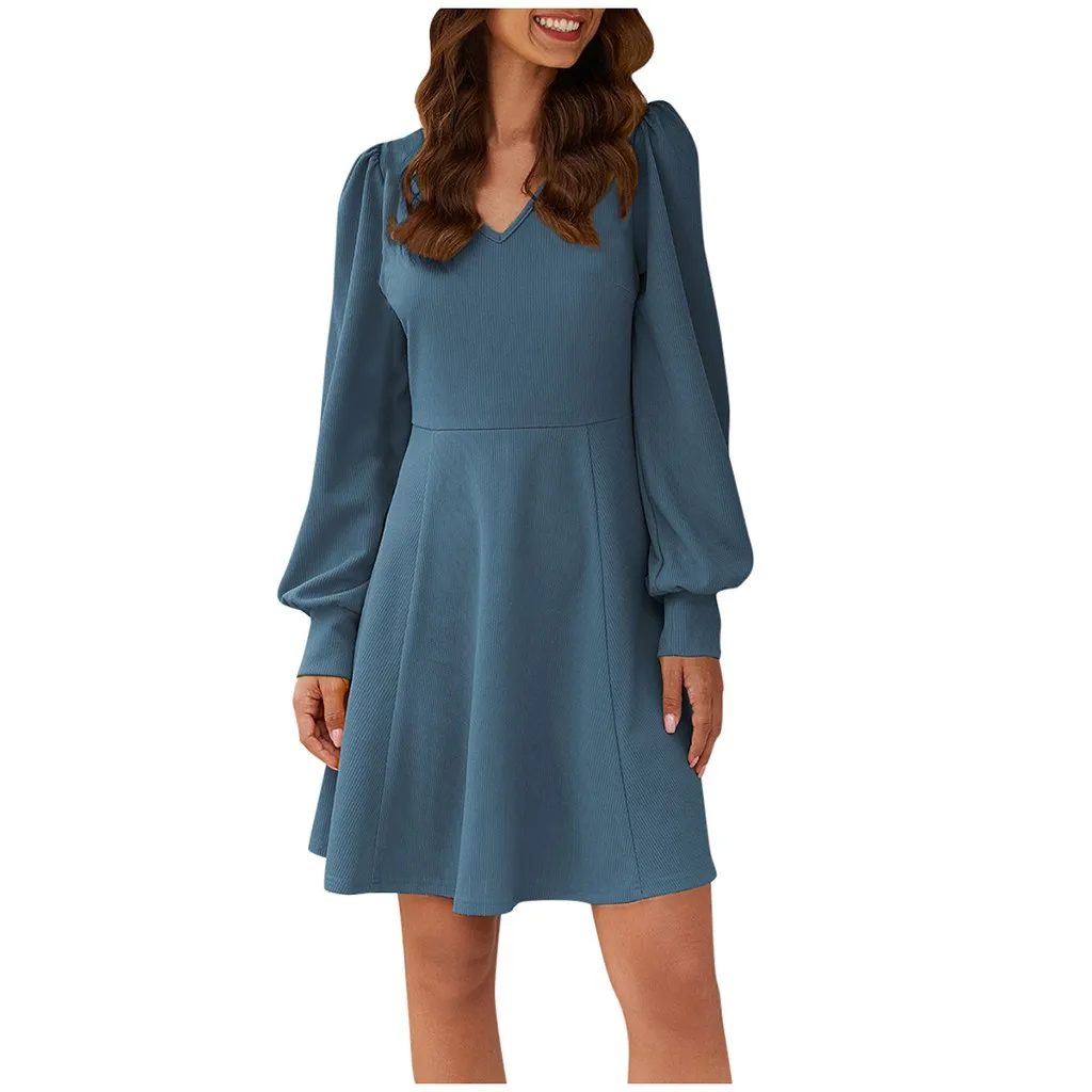 Женское асимметричное платье с длинным рукавом повседневное однотонное V