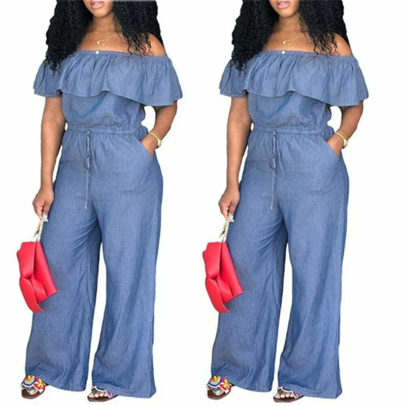 

New Casual Women Bodycon Jumpsuit Jeans Denim Rompers Ladies Autumn Casual Back Zipper Ruffle Jumpsuits Overalls Trousers Pants