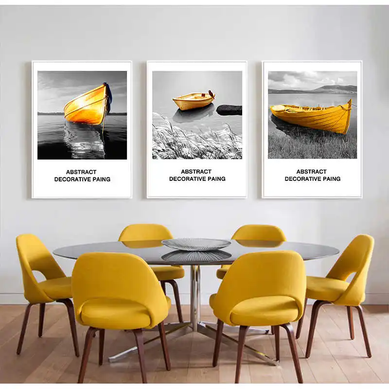 Абстрактная Желтая Лодка на стену Художественная Картина холсте черный белый