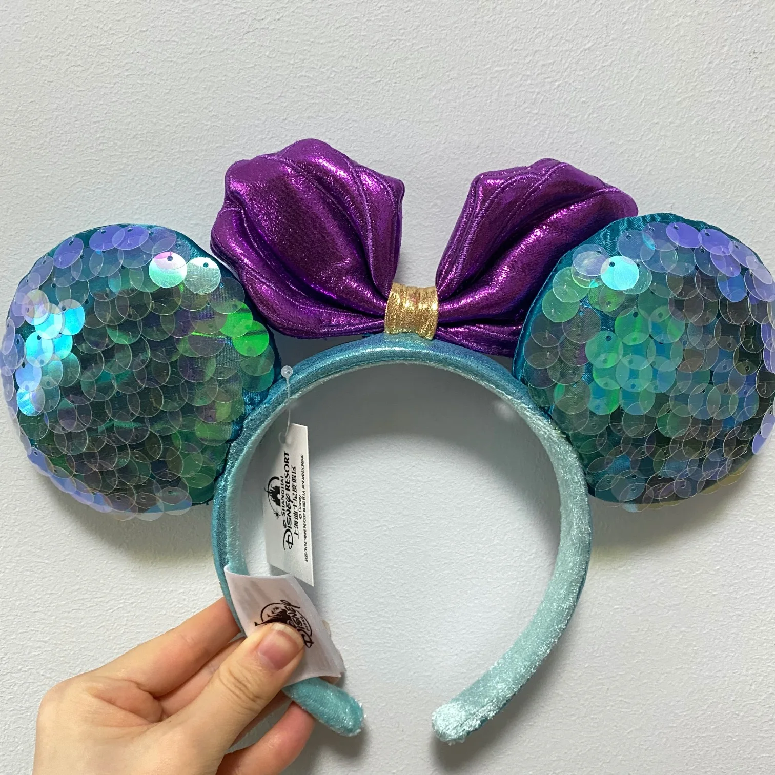 

Disney authorized Minnie Ears Headband Mermaid Princess Sequin Big Bows Ears Costume Cosplay Plush Adult/kids Headband Gift Hot