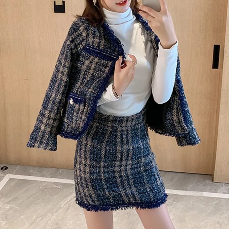 ZAWFL осенне зимний модный твидовый однобортный клетчатый женский комплект из двух