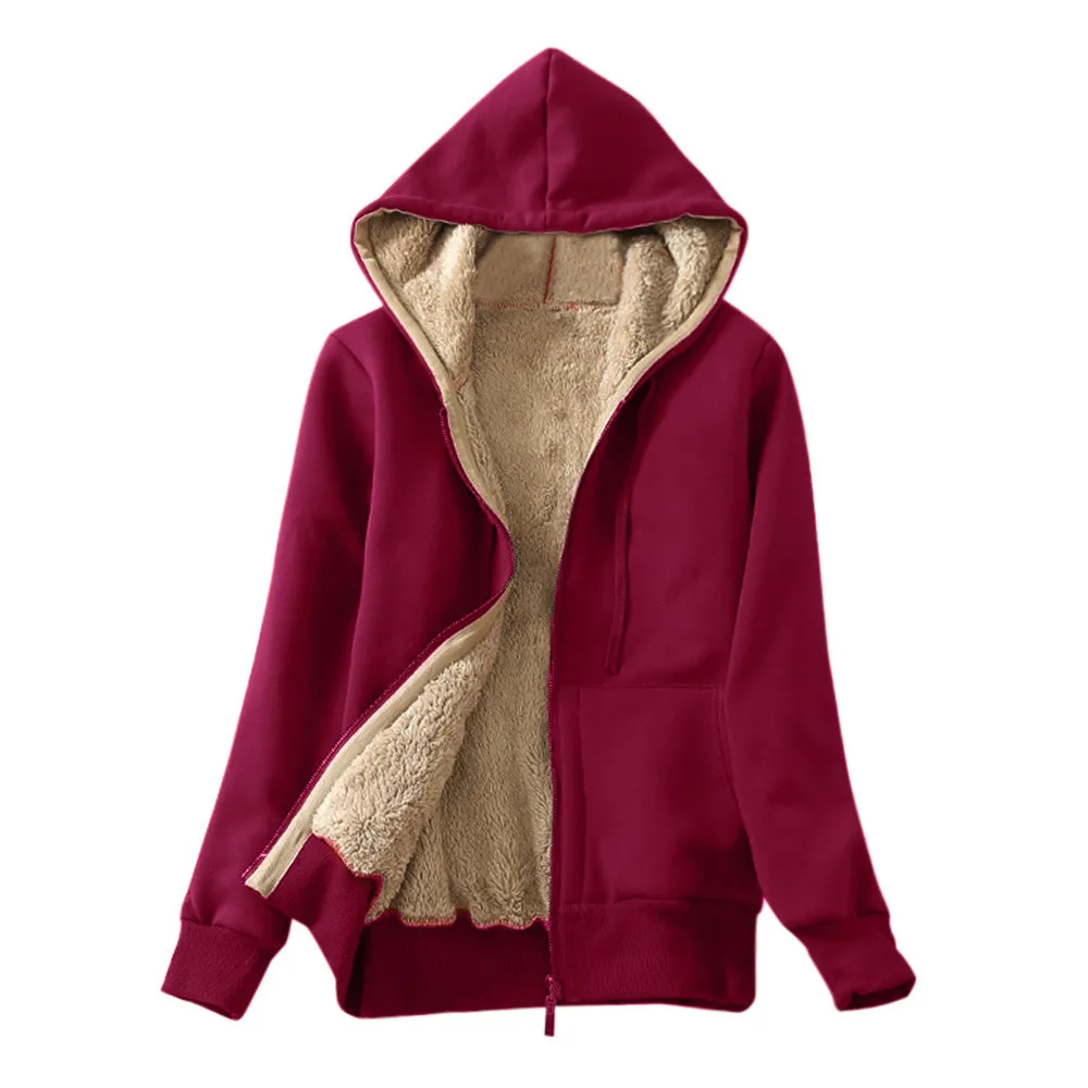 Zip Up Hoodie Women's Jackets Casual Winter Warm Sherpa Lined Zip Up Hooded Sweatshirt Jackets Coat Basic Sudaderas Con Capucha