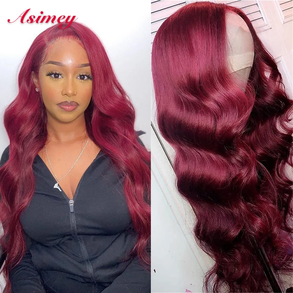 

Asimey 99J Red Colored Body Wave Human Hair Wigs 13X4 Transparent Lace Frontal Wig 180% Density Preplucked Virgin Remy For Women