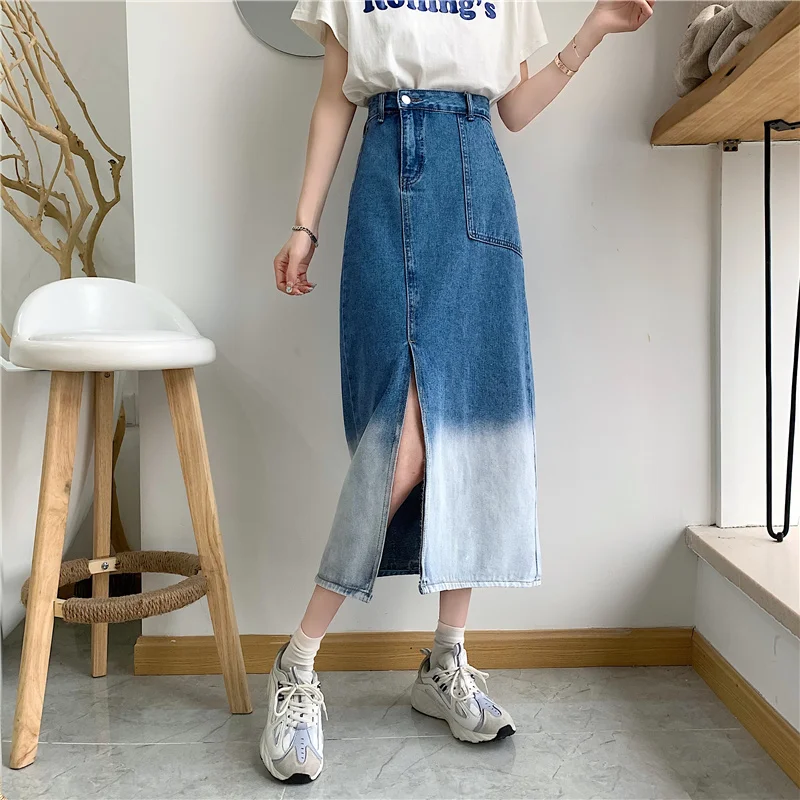 

Женская джинсовая юбка с разрезом, Повседневная Длинная свободная юбка-трапеция с завышенной талией и асимметричным подолом в корейском ви...