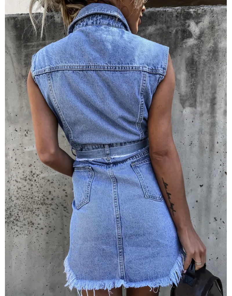 

2021 Hottest Summer Women Denim Dress With Buttons Lace Up Bow Turn Down Neck Sleeveless Sexy Lady Mini Dresses High Quality
