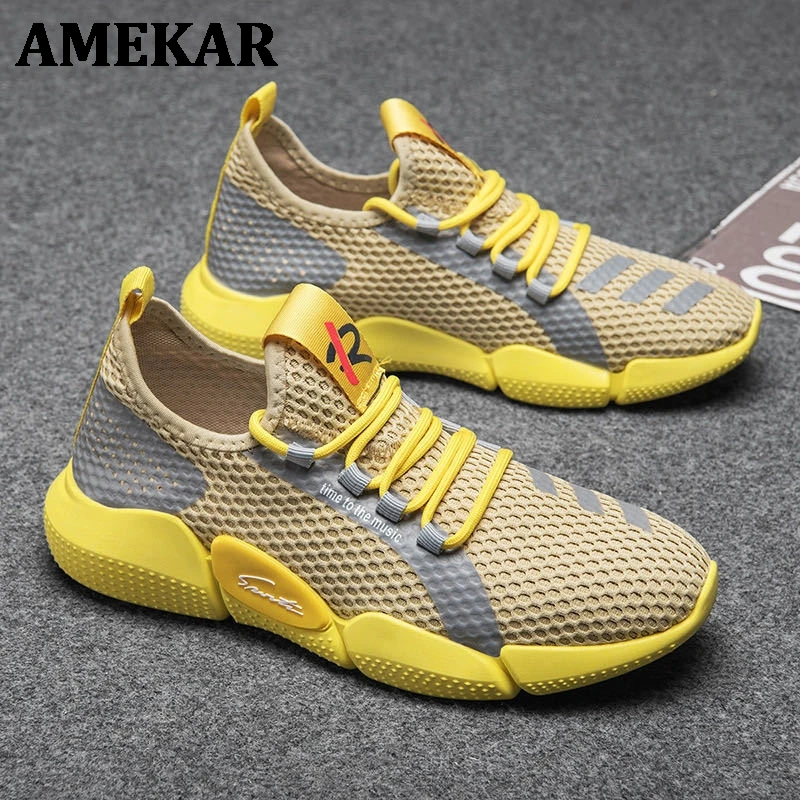 

2021 Running Shoes For Men Summer Sneakers Breathable Mesh Outdoor Sport Shoes Men Yellow Upper Lace Up Male Shoes