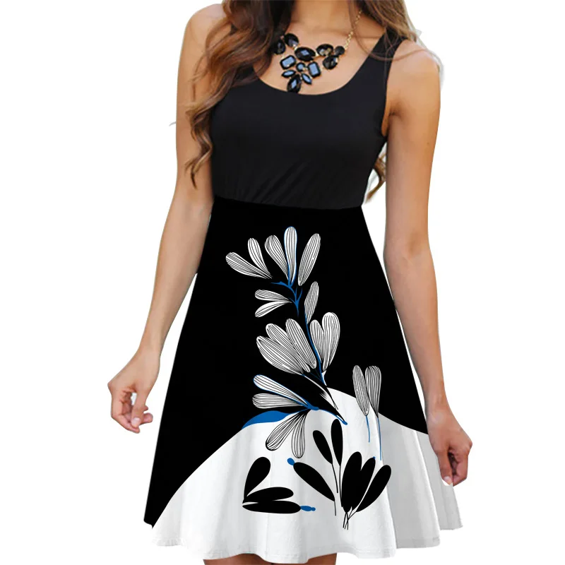 

2021 new ladies summer sleeveless round neck ladies digital print dress